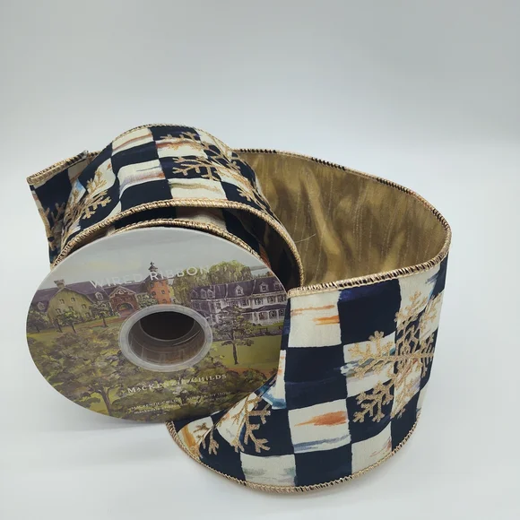 MACKENZIE-CHILDS 3 (Three) Yards Wired Ribbon Buffalo Check Gold Snowflake 4" - Picture 4 of 7